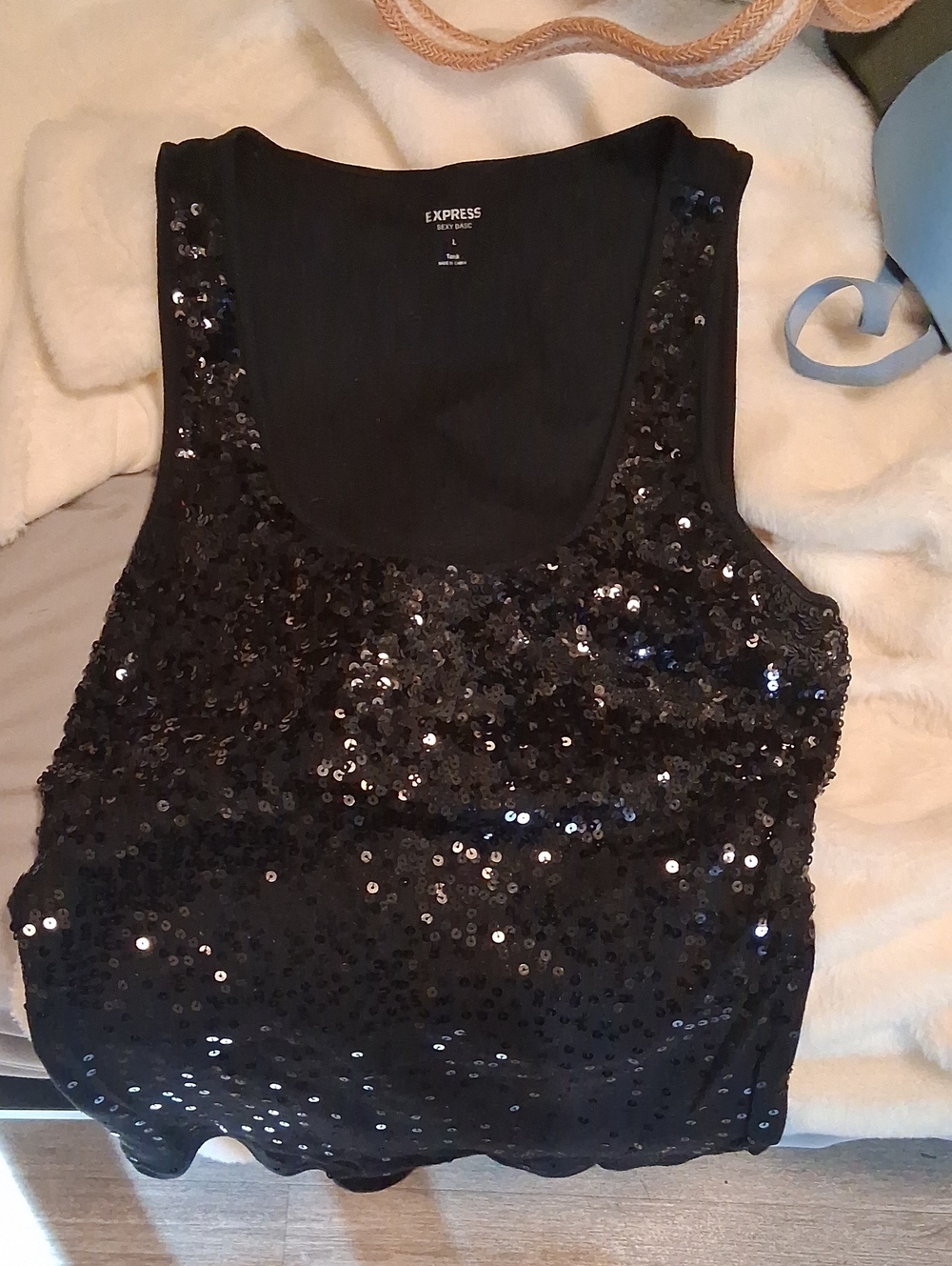 Express Black Sequin Scoop Neck Tank Top
